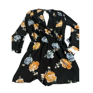 Women’s H&M Black with Floral Long Sleeve Romper, V Neck, Bell Sleeves - Size 8